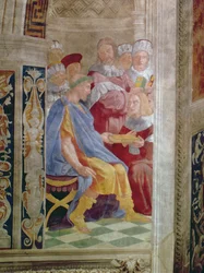 Les Vertus judiciaires : Le Pape Grégoire IX approuvant les Décrétales du Vatican ; Justinien remettant les Pandectes à Trebonianus (détail)